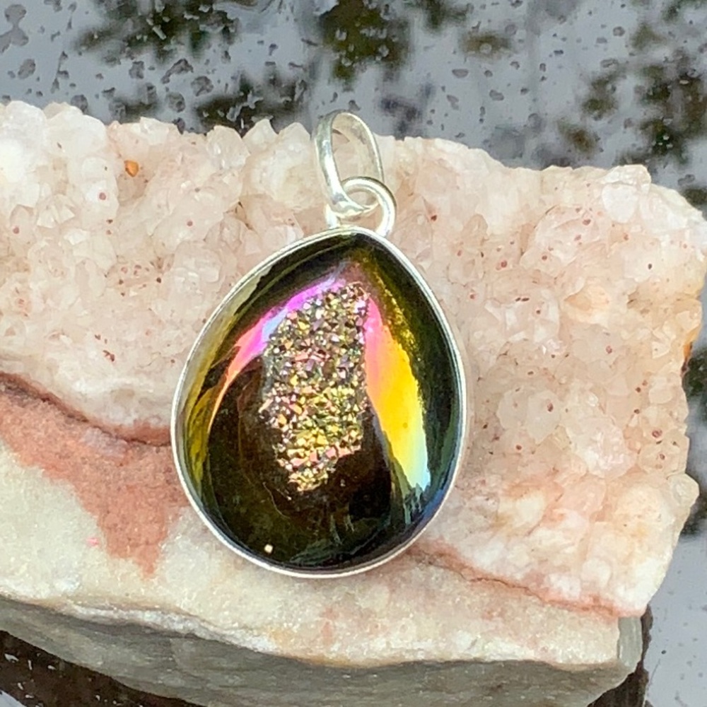 RAINBOW TITANIUM AURA DRUZY 925 STERLING SILVER PENDANT